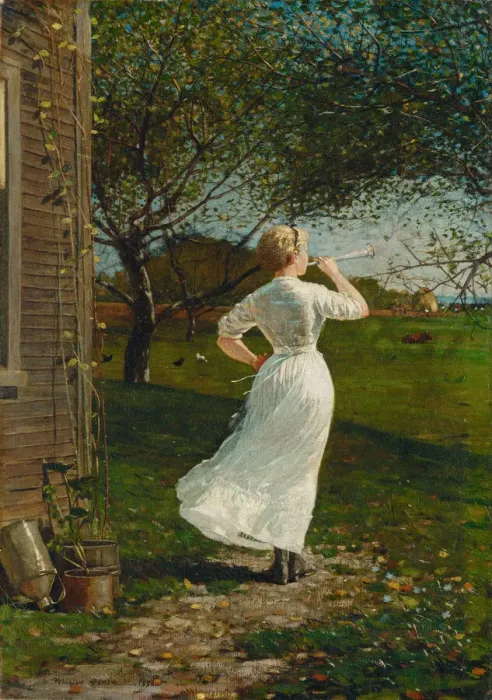 Framed Print : The Dinner Horn (Blowing the Horn at Seaside), 1870. Creator: Winslow Homer Framed Print : The Dinner Horn (Blowing the Horn at Seaside), 1870. Creator: Winslow Homer