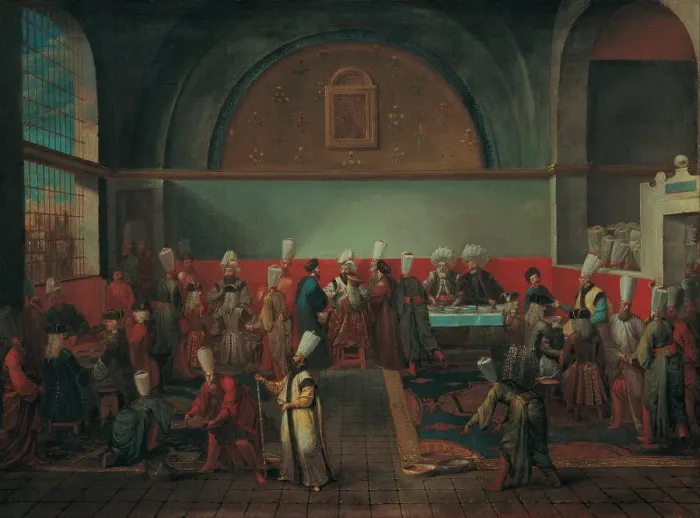 Framed Print : Dinner at the Palace in Honour of an Ambassador, 1720s. Artist: Vanmour (Van Mour), Jean-Baptiste (1671-1737)