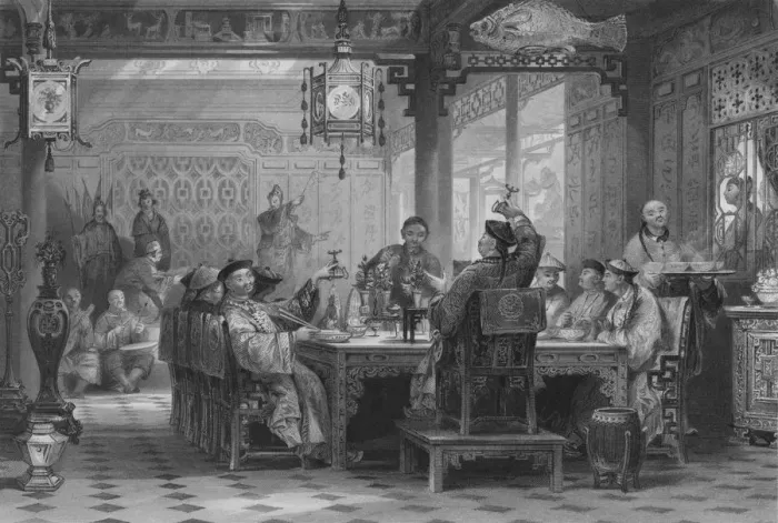 Framed Print : Dinner Party at a Mandarins House, 1843. Artist: G Paterson Framed Print : Dinner Party at a Mandarins House, 1843. Artist: G Paterson