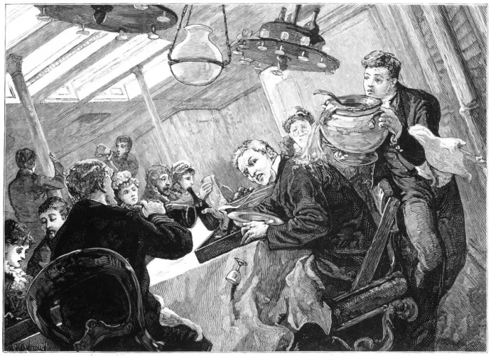 Framed Print : Dinner time in the first class dining saloon of an Atlantic steamer on a stormy day, c1890 Framed Print : Dinner time in the first class dining saloon of an Atlantic steamer on a stormy day, c1890