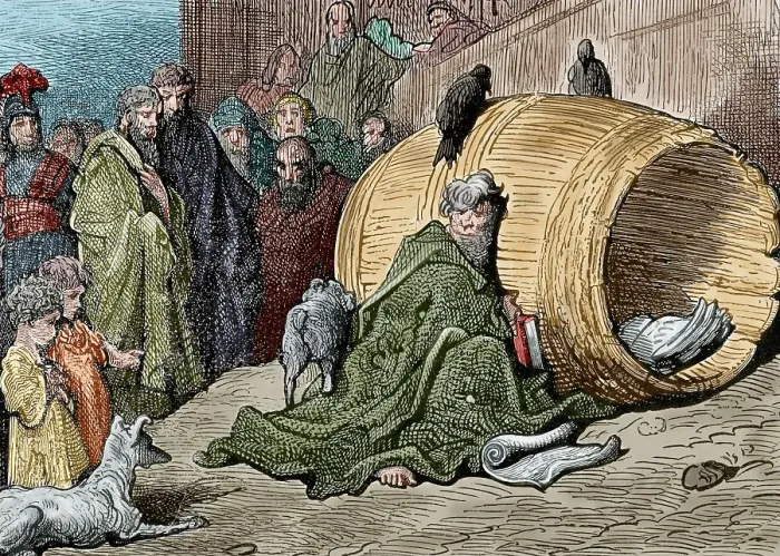Framed Print : Diogenes (412-323 B.C.), Greek philosopher, sheltering in his barrel. Creator: Unknown Framed Print : Diogenes (412-323 B.C.), Greek philosopher, sheltering in his barrel. Creator: Unknown