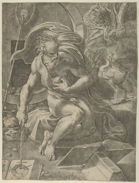 Framed Print : Diogenes seated with his barrel behind him, and reading a book while holding a stic Framed Print : Diogenes seated with his barrel behind him, and reading a book while holding a stic