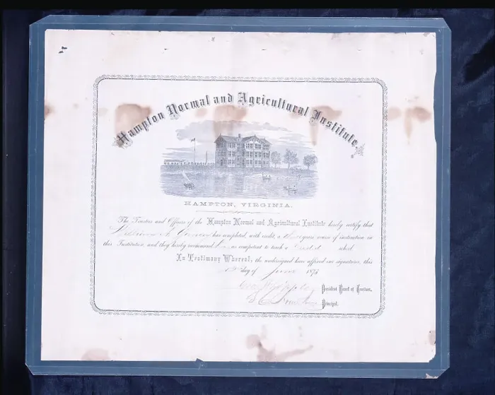 Framed Print : Diploma awarded to William A.Yancey by Hampton Normal and Agricultural Institute, June 12, 1873. Creators: Unknown, Samuel Smith Kilburn Framed Print : Diploma awarded to William A.Yancey by Hampton Normal and Agricultural Institute, June 12, 1873. Creators: Unknown, Samuel Smith Kilburn