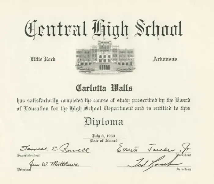 Framed Print : Diploma for Carlotta Walls from Little Rock Central High School, July 8, 1960 Framed Print : Diploma for Carlotta Walls from Little Rock Central High School, July 8, 1960