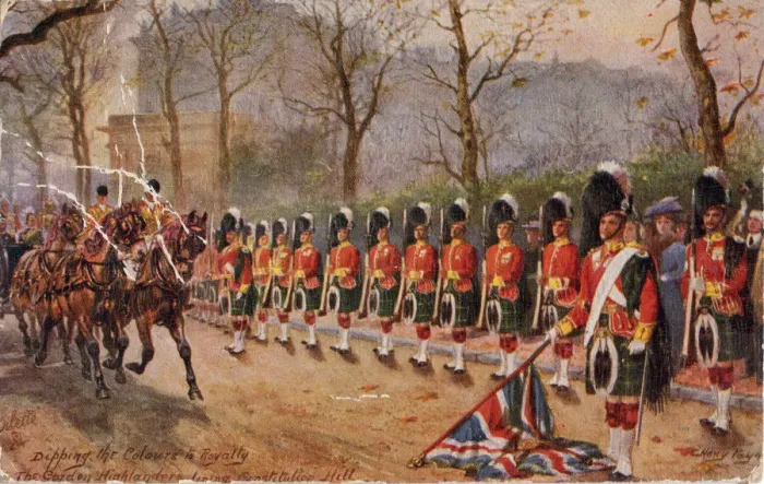 Framed Print : Dipping the Colours to Royalty, the Gordon Highlanders lining Constitution Hill, 1932 Framed Print : Dipping the Colours to Royalty, the Gordon Highlanders lining Constitution Hill, 1932