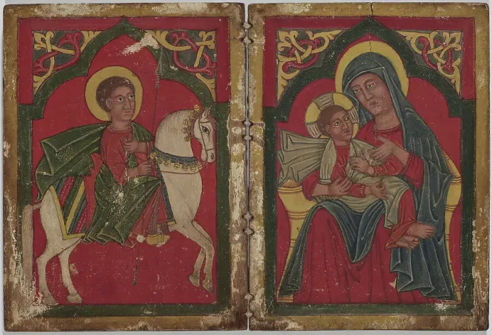 Framed Print : Diptych Icon with Saint George, and Mary and the Infant Christ, early 15th century. Creator: Unknown
