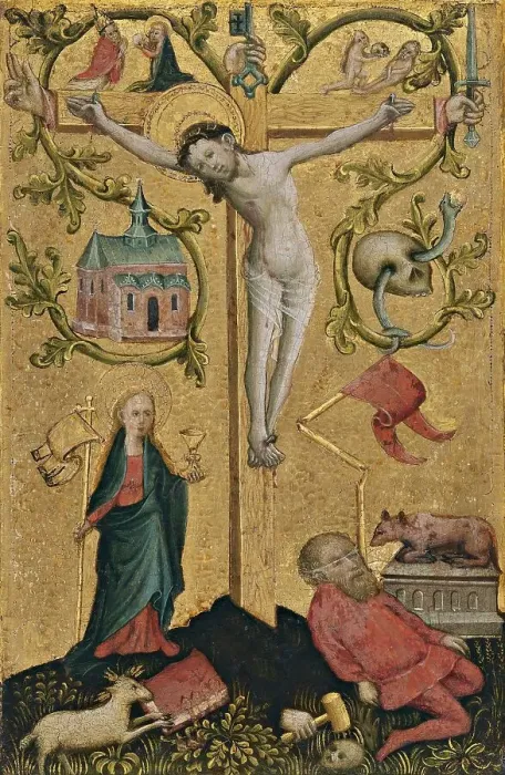 Framed Print : Diptych with symbols of the Virgin and Redeeming Christ: Christ with the Cross as Redemptor... 1410 Creator: Anon Framed Print : Diptych with symbols of the Virgin and Redeeming Christ: Christ with the Cross as Redemptor... 1410 Creator: Anon