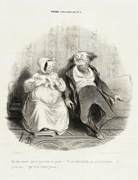 Framed Print : Dis donc amour! Crois-tu que ce sera un garçon?, 1839. Creator: Honore Daumier Framed Print : Dis donc amour! Crois-tu que ce sera un garçon?, 1839. Creator: Honore Daumier