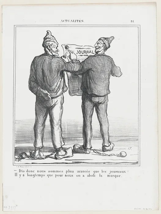 Framed Print : Dis donc, nous sommes plus avances que les journaux!, 1870. Creator: Honore Daumier Framed Print : Dis donc, nous sommes plus avances que les journaux!, 1870. Creator: Honore Daumier
