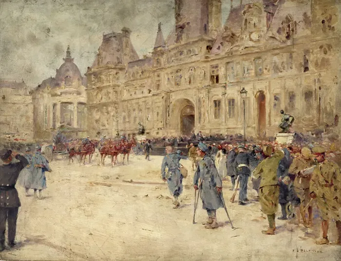 Framed Print : The disabled attend the funeral of General Gallieni, on Place de l'Hotel-de-Ville (June 1, 1916). Creator: Ernest Jean Delahaye Framed Print : The disabled attend the funeral of General Gallieni, on Place de l'Hotel-de-Ville (June 1, 1916). Creator: Ernest Jean Delahaye