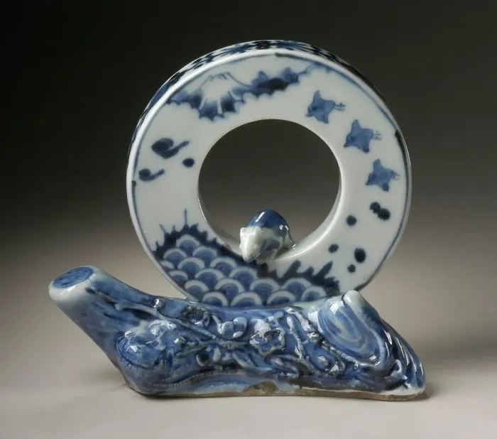 Framed Print : Disc-Shaped Okimono, or Desk Screen, with Rat, Fuji, Plovers, Waves, and Plum Design, 19th century. Creator: Unknown Framed Print : Disc-Shaped Okimono, or Desk Screen, with Rat, Fuji, Plovers, Waves, and Plum Design, 19th century. Creator: Unknown