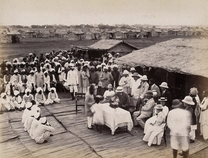 Framed Print : Discharged hospital patients after bubonic plague outbreak, being given relief money... 1897. Creator: Unknown Framed Print : Discharged hospital patients after bubonic plague outbreak, being given relief money... 1897. Creator: Unknown