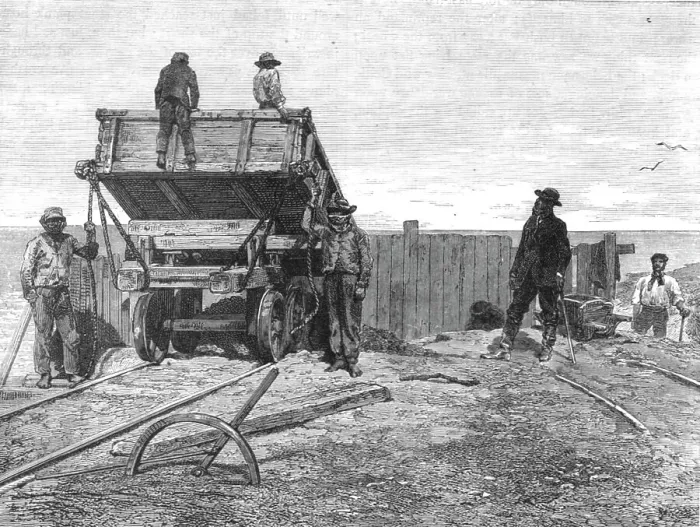 Framed Print : Discharging Guano-Wagons; About the Chincha Islands, 1875. Creator: Unknown Framed Print : Discharging Guano-Wagons; About the Chincha Islands, 1875. Creator: Unknown