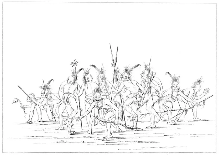 Framed Print : Discovery dance, Sac and Fox, Rock Island, Upper Mississippi, 1841. Artist: Myers and Co Framed Print : Discovery dance, Sac and Fox, Rock Island, Upper Mississippi, 1841. Artist: Myers and Co
