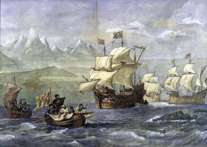 Framed Print : Discovery of the Magellan Strait, engraved in the Spanish and American Illustration Framed Print : Discovery of the Magellan Strait, engraved in the Spanish and American Illustration