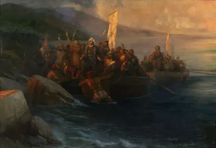Framed Print : The Disembarkation of Christopher Columbus on San Salvador, 12th October 1492, 1892. Artist: Aivazovsky, Ivan Konstantinovich (1817-1900) Framed Print : The Disembarkation of Christopher Columbus on San Salvador, 12th October 1492, 1892. Artist: Aivazovsky, Ivan Konstantinovich (1817-1900)