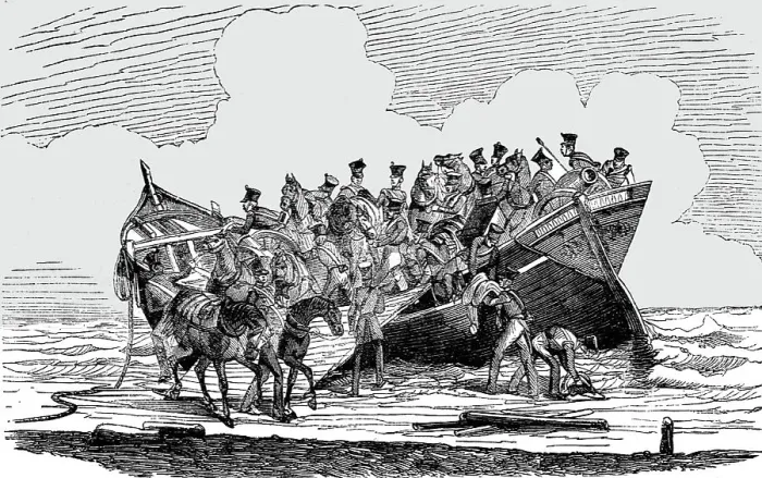 Framed Print : Disembarkation of English Cavalry at the Crimea; The Expedition to the Crimea, 1854. Creator: Unknown Framed Print : Disembarkation of English Cavalry at the Crimea; The Expedition to the Crimea, 1854. Creator: Unknown
