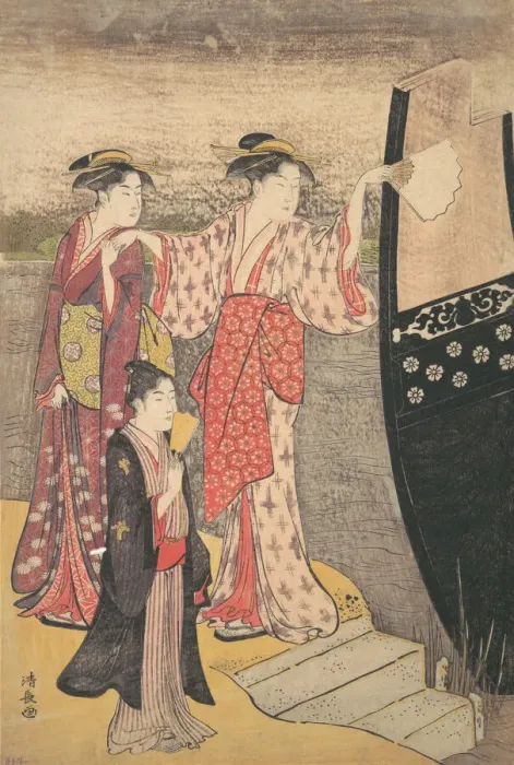Framed Print : Disembarking from a Pleasure Boat on the Sumida River. Creator: Torii Kiyonaga Framed Print : Disembarking from a Pleasure Boat on the Sumida River. Creator: Torii Kiyonaga