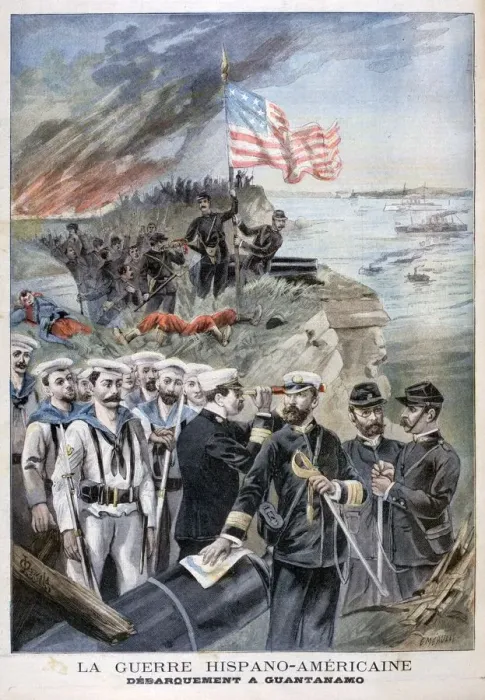 Framed Print : Disembarking troops at Guantanamo, Cuba, 1898. Artist: F Meaulle Framed Print : Disembarking troops at Guantanamo, Cuba, 1898. Artist: F Meaulle