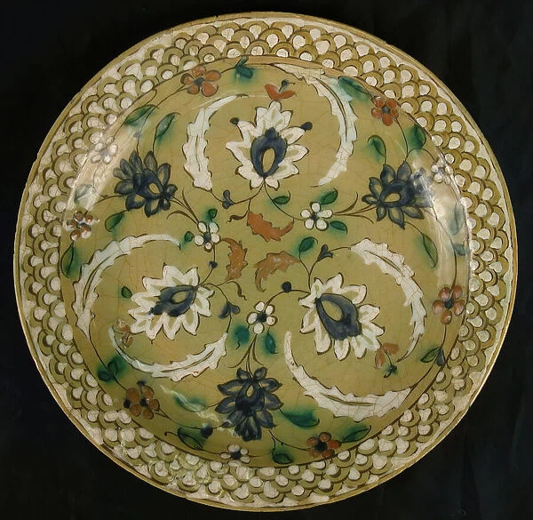 Dish with Floral Designs on an Olive Background, Iran, 16th-17th century