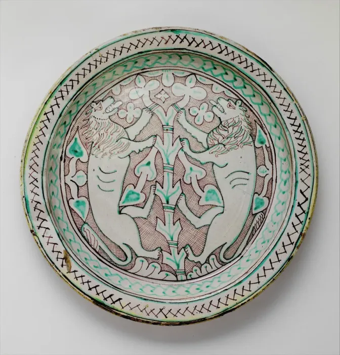 Framed Print : Dish with Rampant Lions, Italian, early 15th century. Creator: Unknown Framed Print : Dish with Rampant Lions, Italian, early 15th century. Creator: Unknown