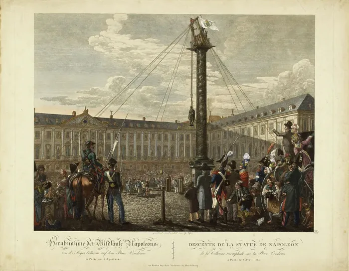 Framed Print : The Dismantling of the statue of Napoleon I from the top of the Vendôme column, April 8, 1814. Creator: Opiz, Georg Emanuel (1775-1841) Framed Print : The Dismantling of the statue of Napoleon I from the top of the Vendôme column, April 8, 1814. Creator: Opiz, Georg Emanuel (1775-1841)