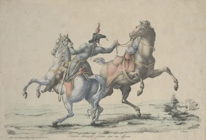 Framed Print : A Dismounted Horse Reined in by an Officer, 1770-1836. Creator: Carle Vernet Framed Print : A Dismounted Horse Reined in by an Officer, 1770-1836. Creator: Carle Vernet