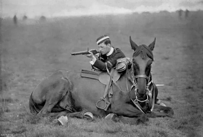 Framed Print : A dismounted lancer at a skirmishing display, 1896. Artist: Gregory & Co Framed Print : A dismounted lancer at a skirmishing display, 1896. Artist: Gregory & Co