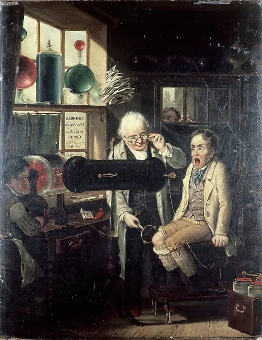 Framed Print : Dispensing of medical electricity (electrotherapy), 1824. Creator: Edmund Bristow Framed Print : Dispensing of medical electricity (electrotherapy), 1824. Creator: Edmund Bristow