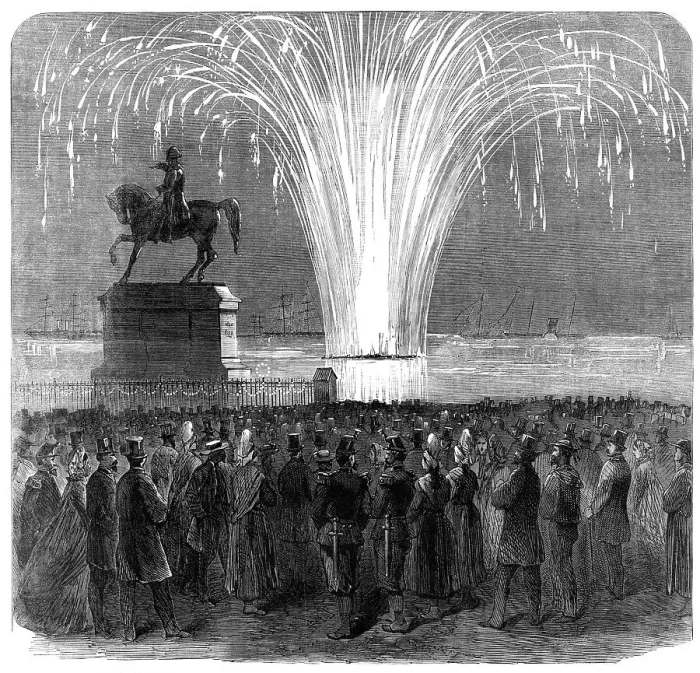Framed Print : Display of fireworks, Inner Harbour, Cherbourg, in honour of the British Channel Squadron, 1865. Creator: Unknown Framed Print : Display of fireworks, Inner Harbour, Cherbourg, in honour of the British Channel Squadron, 1865. Creator: Unknown