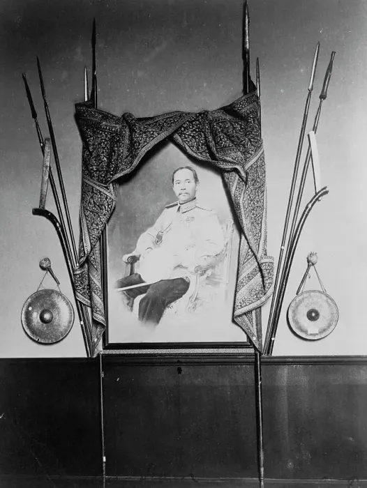 Framed Print : Display with portrait of a man, possibly Chulalongkorn, King of Siam, in Siam exhibit... 1904. Creator: Frances Benjamin Johnston Framed Print : Display with portrait of a man, possibly Chulalongkorn, King of Siam, in Siam exhibit... 1904. Creator: Frances Benjamin Johnston