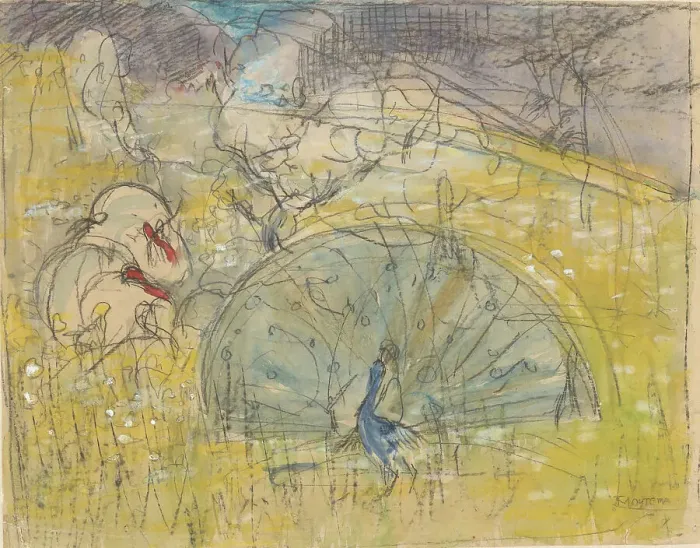 Framed Print : Displaying peacock and two turkeys, 1873-1917. Creator: Theo van Hoytema Framed Print : Displaying peacock and two turkeys, 1873-1917. Creator: Theo van Hoytema