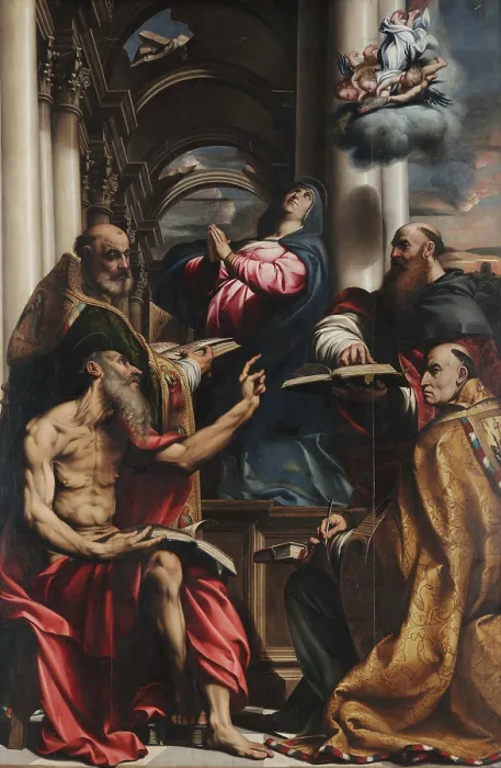 Framed Print : Dispute of four Church Fathers on the Immaculate Conception, c1528. Creator: Pordenone, Giovanni Antonio (1483-1539) Framed Print : Dispute of four Church Fathers on the Immaculate Conception, c1528. Creator: Pordenone, Giovanni Antonio (1483-1539)