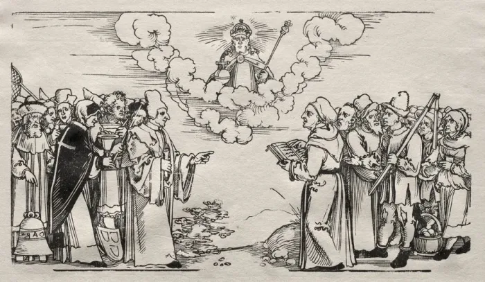 Framed Print : Dispute between Luther and a Catholic Theologian. Creator: Hans Sebald Beham (German, 1500-1550) Framed Print : Dispute between Luther and a Catholic Theologian. Creator: Hans Sebald Beham (German, 1500-1550)