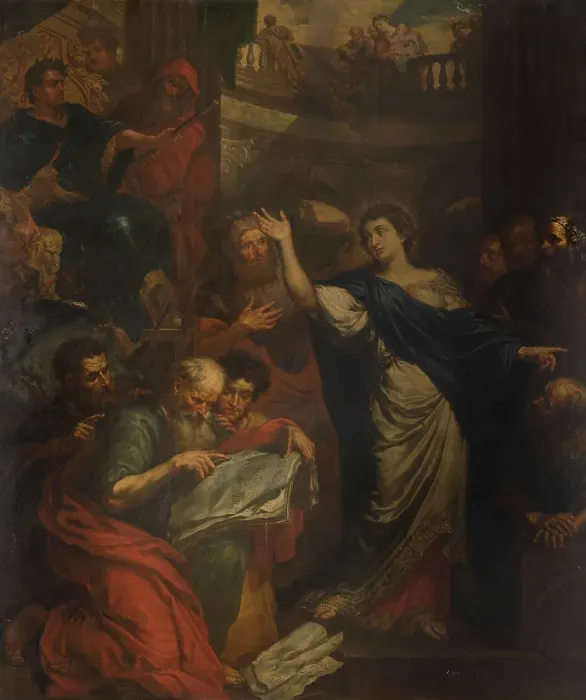 Framed Print : The Dispute of Saint Catherine of Alexandria with the Fifty Philosophers, 1688. Creator: Peter Ykens Framed Print : The Dispute of Saint Catherine of Alexandria with the Fifty Philosophers, 1688. Creator: Peter Ykens