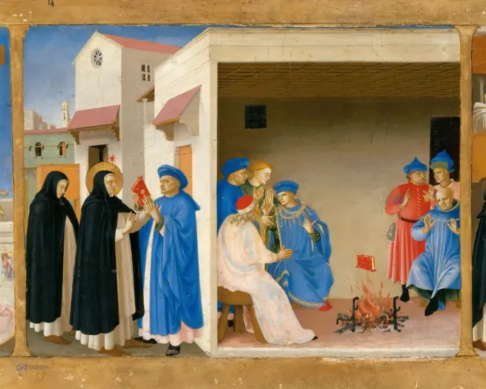 Framed Print : The Dispute of Saint Dominic and the Miracle of the Book (Predella of the retable The Coronation of Artist: Angelico, Fra Giovanni, da Fiesole (ca. 1400-1455) Framed Print : The Dispute of Saint Dominic and the Miracle of the Book (Predella of the retable The Coronation of Artist: Angelico, Fra Giovanni, da Fiesole (ca. 1400-1455)