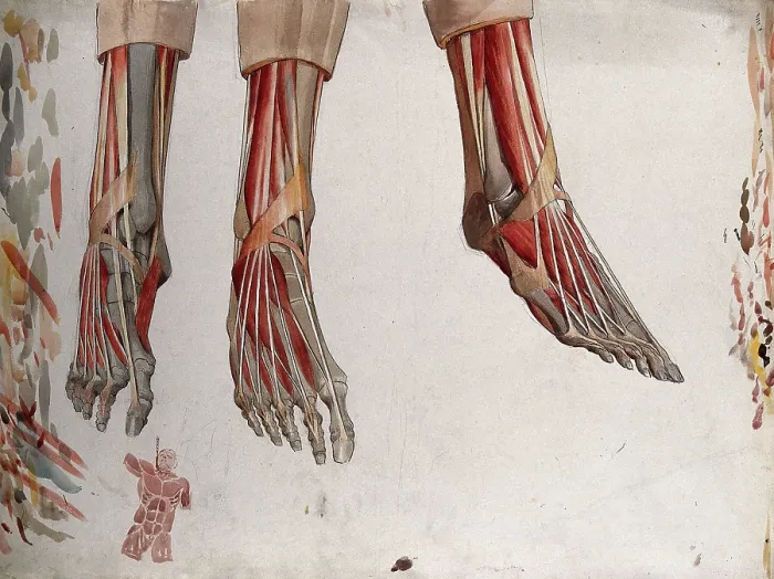 Framed Print : Three dissections of a foot, showing the muscles and tendons, with a marginal sketch of... (1833?) Creator: Johann Conrad Zeller Framed Print : Three dissections of a foot, showing the muscles and tendons, with a marginal sketch of... (1833?) Creator: Johann Conrad Zeller