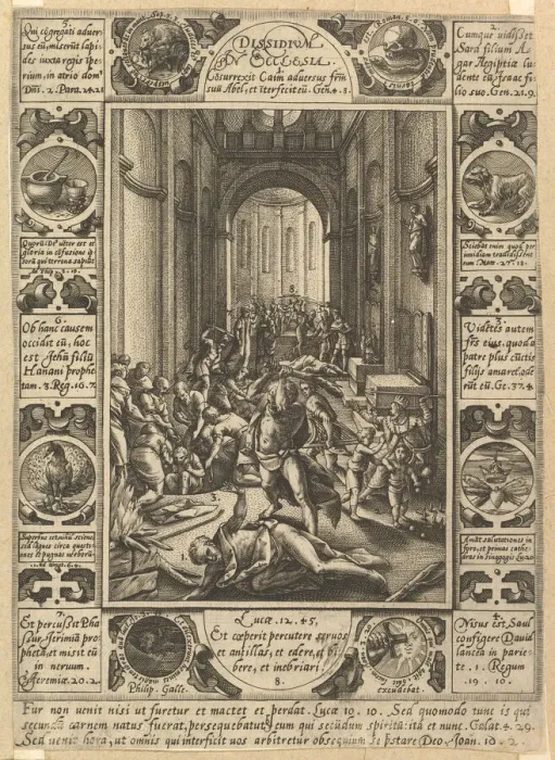 Framed Print : Dissension in the Church (Dissidium in Ecclesia), ca. 1578. Creator: Hendrik Goltzius