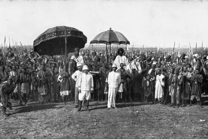 Framed Print : Distant Fronts, In Cameroon; Two sultans and their retinue bid farewell to Colonel Brisset... 1917. Creator: Unknown Framed Print : Distant Fronts, In Cameroon; Two sultans and their retinue bid farewell to Colonel Brisset... 1917. Creator: Unknown