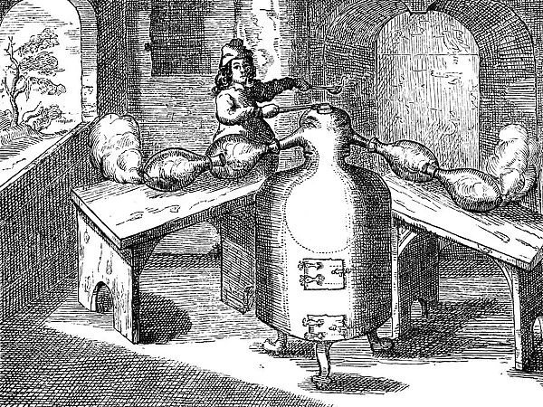 Distillation of nitric acid (Aqua fortis or parting acid) in an iron man with two noses, 1689