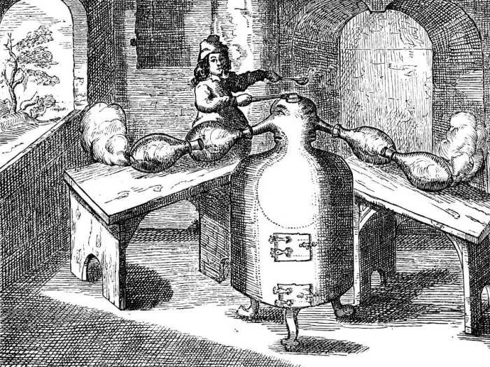 Framed Print : Distillation of nitric acid (Aqua fortis or parting acid) in an iron man with two noses, 1689 Framed Print : Distillation of nitric acid (Aqua fortis or parting acid) in an iron man with two noses, 1689