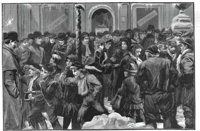 Framed Print : Distress in London - Unemployed waiting at a Soup Kitchen, 1886. Creator: Unknown Framed Print : Distress in London - Unemployed waiting at a Soup Kitchen, 1886. Creator: Unknown