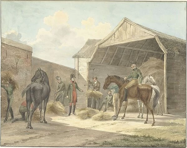Distributing hay to the Gardes d'Honneur (Guards of Honour), 1813, (1815). Creator: Abraham Vinkeles