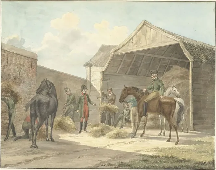 Framed Print : Distributing hay to the Gardes d'Honneur (Guards of Honour), 1813, (1815). Creator: Abraham Vinkeles Framed Print : Distributing hay to the Gardes d'Honneur (Guards of Honour), 1813, (1815). Creator: Abraham Vinkeles