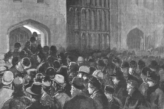 Framed Print : Distributing the Queens New Year Gifts at Windsor; The crowd outside the Riding School... 1890. Creator: Unknown Framed Print : Distributing the Queens New Year Gifts at Windsor; The crowd outside the Riding School... 1890. Creator: Unknown