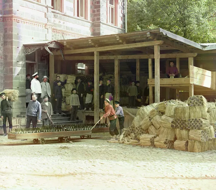 Framed Print : Distributing of water, Borzhom, between 1905 and 1915. Creator: Sergey Mikhaylovich Prokudin-Gorsky Framed Print : Distributing of water, Borzhom, between 1905 and 1915. Creator: Sergey Mikhaylovich Prokudin-Gorsky