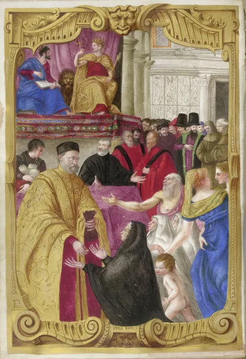 Framed Print : Distribution of alms in a piazza by an elderly official, [Zane?]... 1568. Creator: Unknown