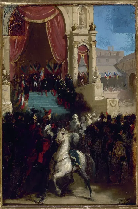 Framed Print : Distribution of eagles and blessing of flags, May 10, 1852, at Champ-de-Mars, c1855. Creator: Unknown Framed Print : Distribution of eagles and blessing of flags, May 10, 1852, at Champ-de-Mars, c1855. Creator: Unknown