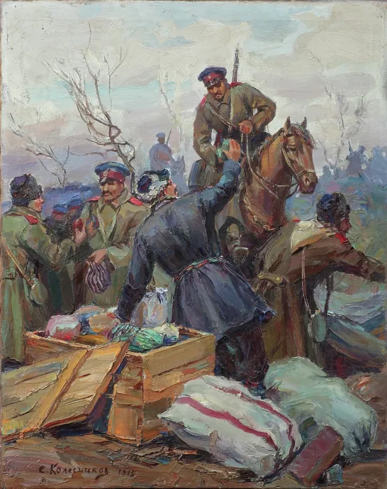 Framed Print : The distribution of Easter presents at the front, 1915. Creator: Stepan Fedorovic Kolesnikov