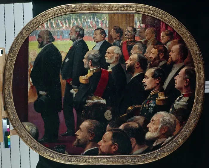 Framed Print : The distribution of flags, July 14, 1880. Creator: Unknown Framed Print : The distribution of flags, July 14, 1880. Creator: Unknown